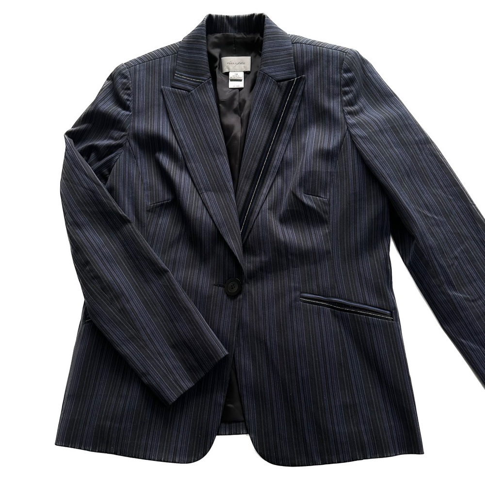 Vintage Sunny Choi Navy Pinstripe Fitted Blazer One Button Satin Trim Size 14